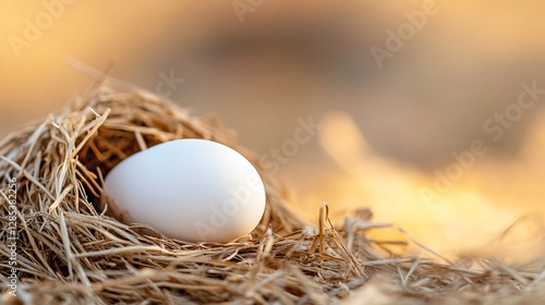 Close Up of a Fresh White Egg Nestled in Hay for Natural Farm or Food Concept : Generative AI photo