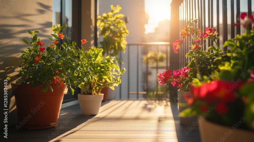 Fototapeta premium Bright Morning on a Balcony Garden With Colorful Flowers and a Warm Sunlight Glow in an Urban Setting