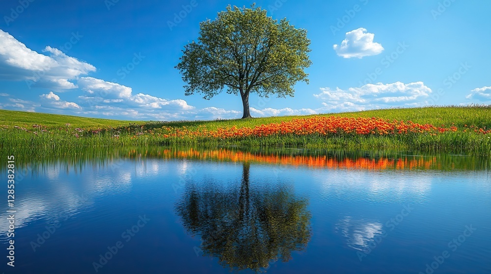A serene summer landscape features a calm lake reflecting the blue sky, with a lone tree and colorful flowers adding to the beauty A serene summer landscape features a calm lake reflecting the blue sky, with a lone tree and colorful flowers adding to the beauty