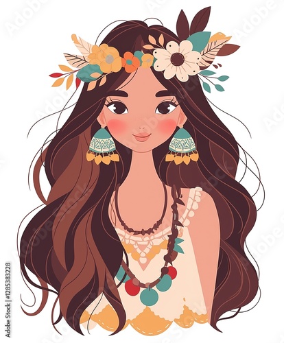 cartoon illustration cute boho Native  American woman wearing flower headdress with earrings and necklace