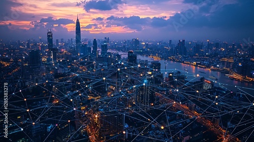 Wallpaper Mural Aerial View of Modern Cityscape at Dusk with a Network of Connections and Urban Landscape Illuminated Torontodigital.ca