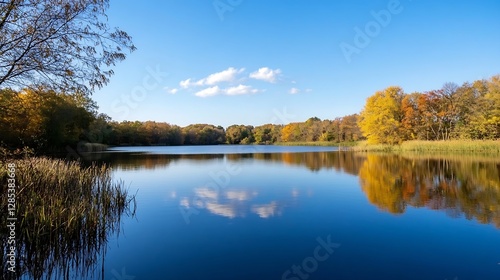 Scenic Autumn Reflection on Calm Lake Surrounded by Colorful Trees : Generative AI
