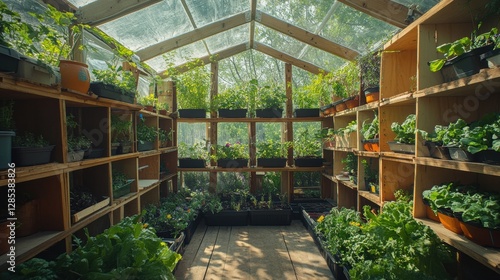 Lush Indoor Garden with Shelves of Green Plants and Vibrant Vegetables Bathed in Natural Light