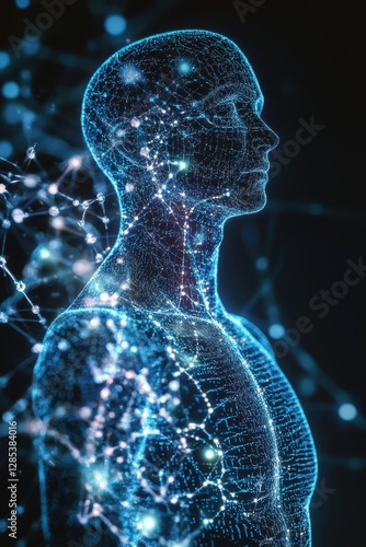 Transparent Digital Human Figure with Glowing Genetic Code and Molecular Structures Highlighting Personalized Medicine photo