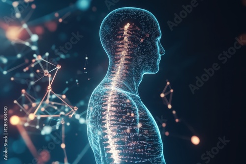 Transparent Digital Human Figure with Glowing Genetic Code and Molecular Structures Highlighting Personalized Medicine photo