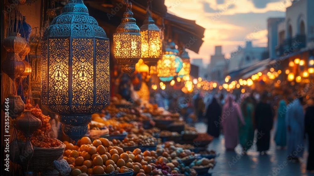 Fototapeta premium A bustling market during Ramadan, with stalls selling fruits, nuts, and decorative lanterns, soft evening light in the background