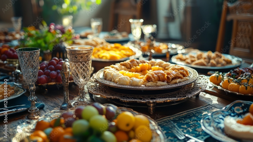 Fototapeta premium A close-up of a beautifully set Ramadan dinner table, filled with traditional sweets like kunafa, baklava, and fruit salads 