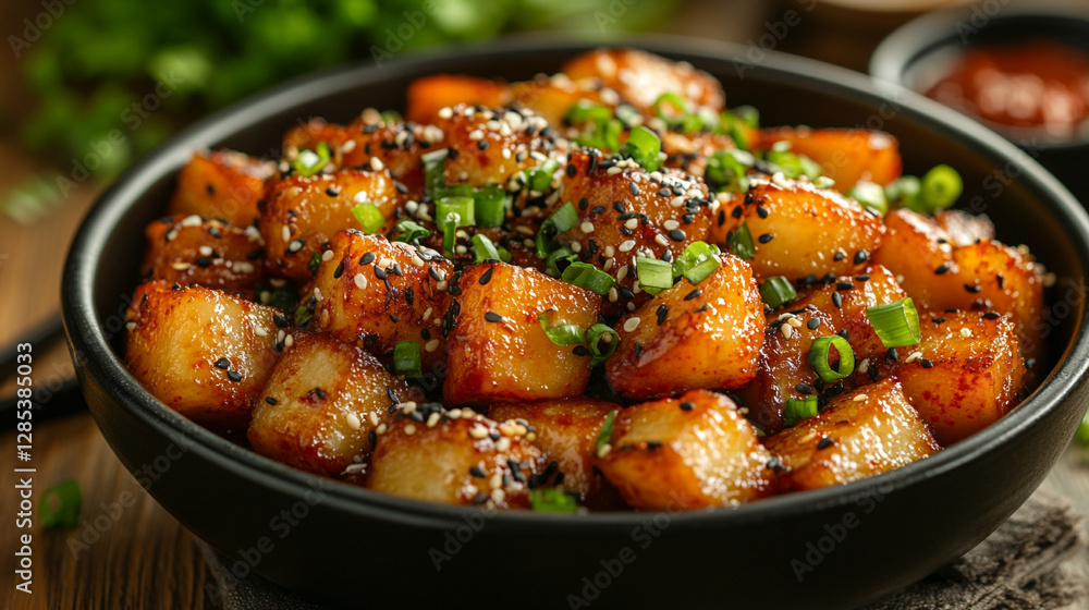 Korean Tteokbokki dish with rice cakes in spicy red sauce, topped with sesame seeds and green onions. A flavorful, spicy, and delicious meal perfect for snack time Korean Tteokbokki dish with rice cakes in spicy red sauce, topped with sesame seeds and green onions. A flavorful, spicy, and delicious meal perfect for snack time