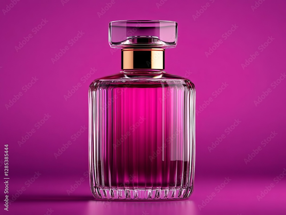 Elegant perfume bottle with a pink liquid, set against a vibrant purple background. Elegant perfume bottle with a pink liquid, set against a vibrant purple background.