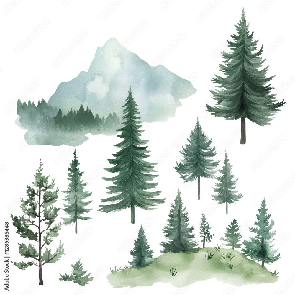 Fototapeta premium A collection of watercolor evergreen trees and a soft mountain backdrop, all on a white isolated background, perfect for nature-themed designs.
