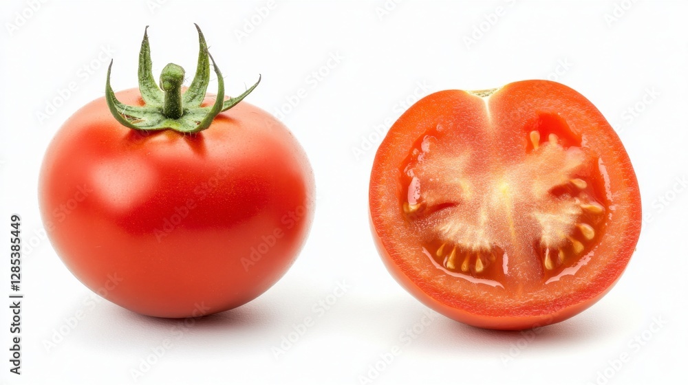Vibrant red tomato, whole and halved, showcased against a stark white background. Juicy and ripe, the tomato's texture and seeds are clearly visible Vibrant red tomato, whole and halved, showcased against a stark white background. Juicy and ripe, the tomato's texture and seeds are clearly visible