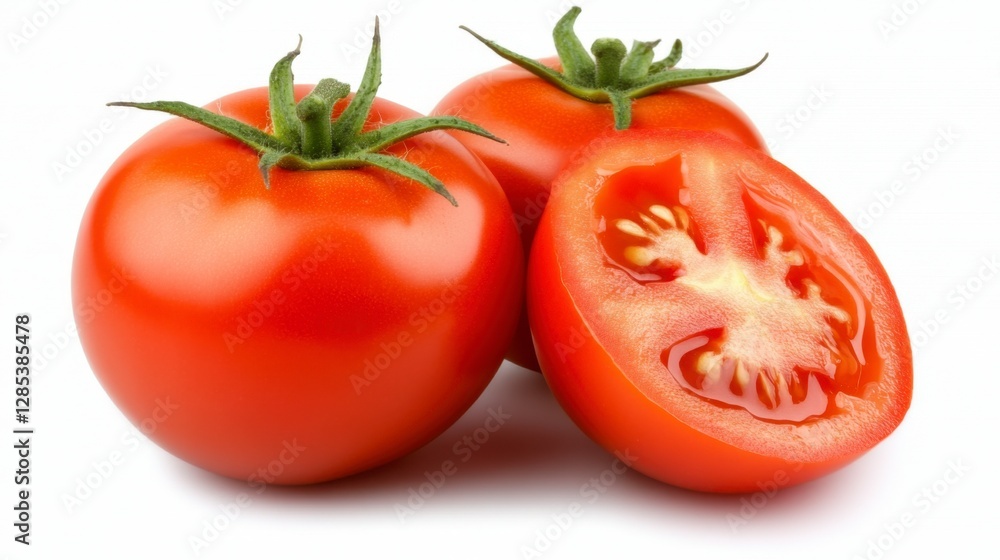 Two ripe red tomatoes, one sliced in half, on a white background. Close up view showcasing juicy texture and vibrant color Two ripe red tomatoes, one sliced in half, on a white background. Close up view showcasing juicy texture and vibrant color