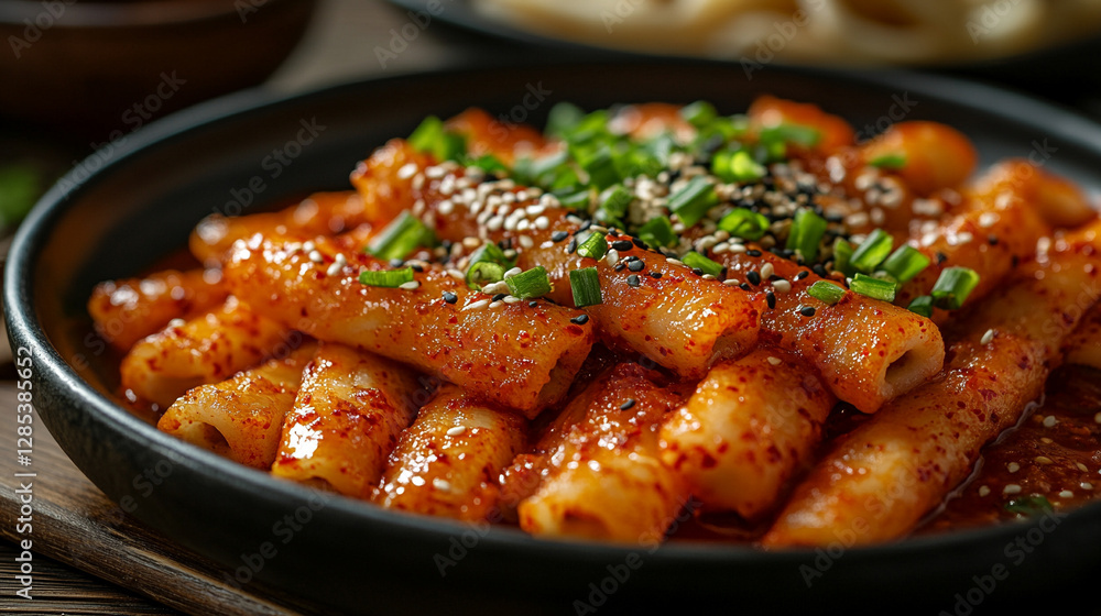 Korean Tteokbokki dish with rice cakes in spicy red sauce, topped with sesame seeds and green onions. A flavorful, spicy, and delicious meal perfect for snack time Korean Tteokbokki dish with rice cakes in spicy red sauce, topped with sesame seeds and green onions. A flavorful, spicy, and delicious meal perfect for snack time