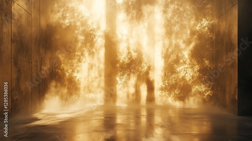 Ethereal Forest Light Streaming Through Foggy Urban Alleyway at Dusk