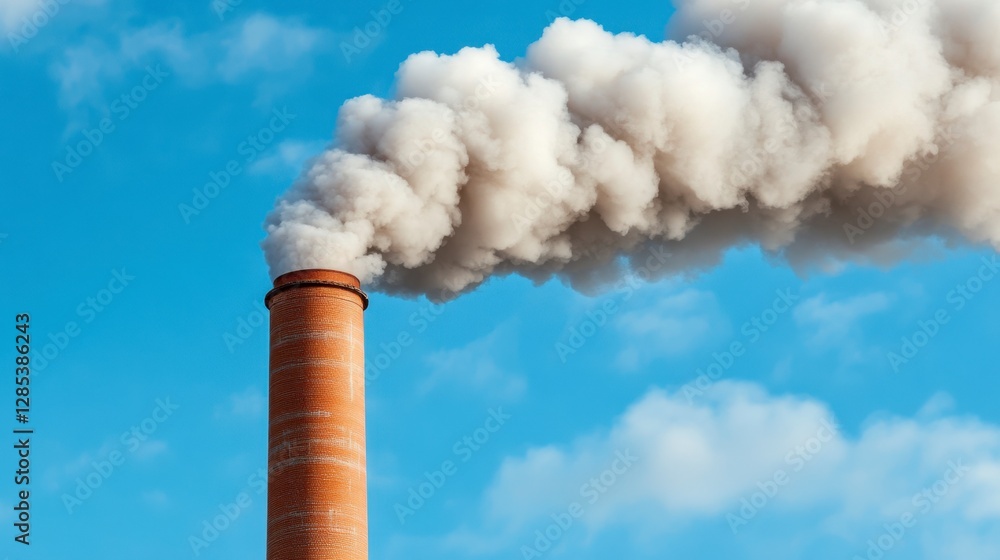 Thick grey smoke billows from a rusty brick chimney against a vibrant blue sky with fluffy white clouds. Air pollution and industrial emissions Thick grey smoke billows from a rusty brick chimney against a vibrant blue sky with fluffy white clouds. Air pollution and industrial emissions