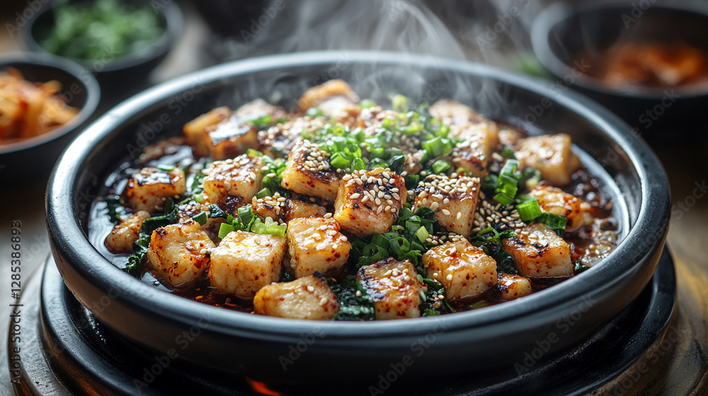 Korean Tteokbokki dish with rice cakes in spicy red sauce, topped with sesame seeds and green onions. A flavorful, spicy, and delicious meal perfect for snack time Korean Tteokbokki dish with rice cakes in spicy red sauce, topped with sesame seeds and green onions. A flavorful, spicy, and delicious meal perfect for snack time