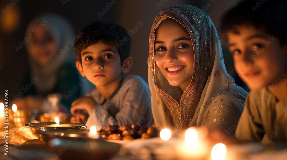 A family breaking their fast with dates and water, surrounded by a table of traditional Iftar foods and soft lantern light A family breaking their fast with dates and water, surrounded by a table of traditional Iftar foods and soft lantern light