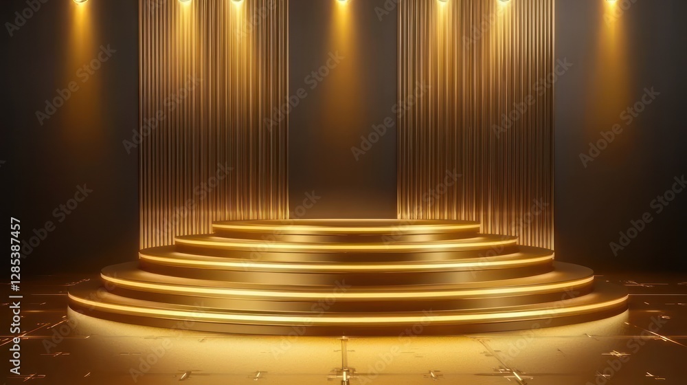Fototapeta premium Golden Stage with Lights: Elegant Award Ceremony Podium