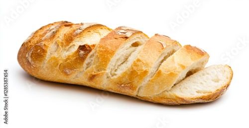 Golden brown crusty bread loaf sliced on white background, showcasing soft interior texture and rustic appeal. Perfect for baking, food blog, or