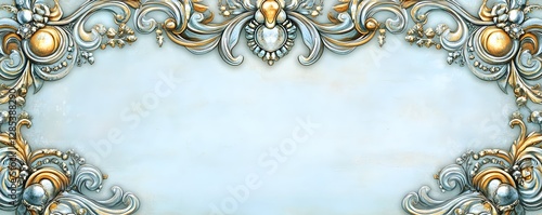 Ornate architectural frame features gold and silver rococo elements