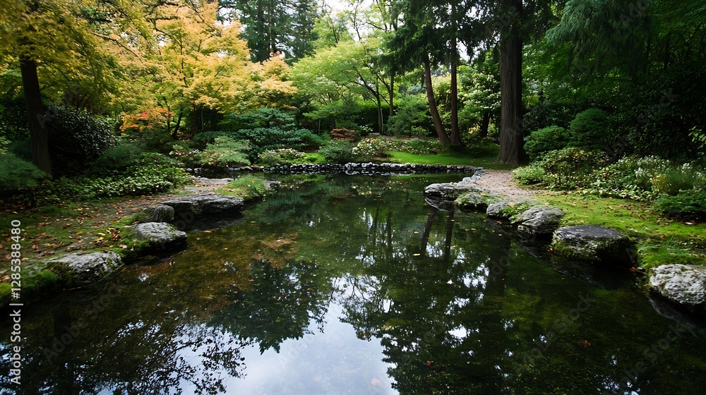 Beautiful serene pond surrounded by vibrant autumn trees and lush greenery in a tranquil garden setting : Generative AI