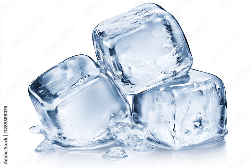 Fototapeta premium Crystal Clear Ice Cubes Piled on a White Background Showcasing Transparency and Shine