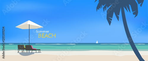 summer beach panorama with loungers umbrella palm silhouette vector illustration