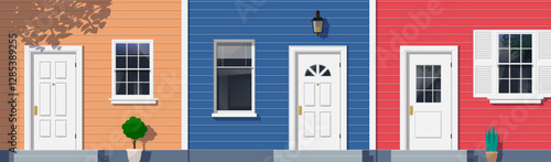 three colorful house facades exterior front entrance door windows vector illustration