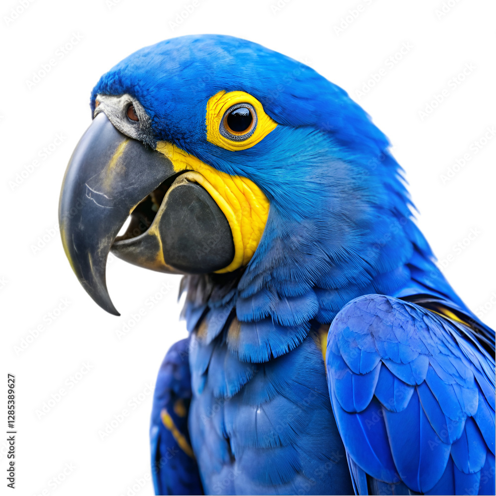 Fototapeta premium Blue and yellow hyacinth macaw parrot isolated on transparent background