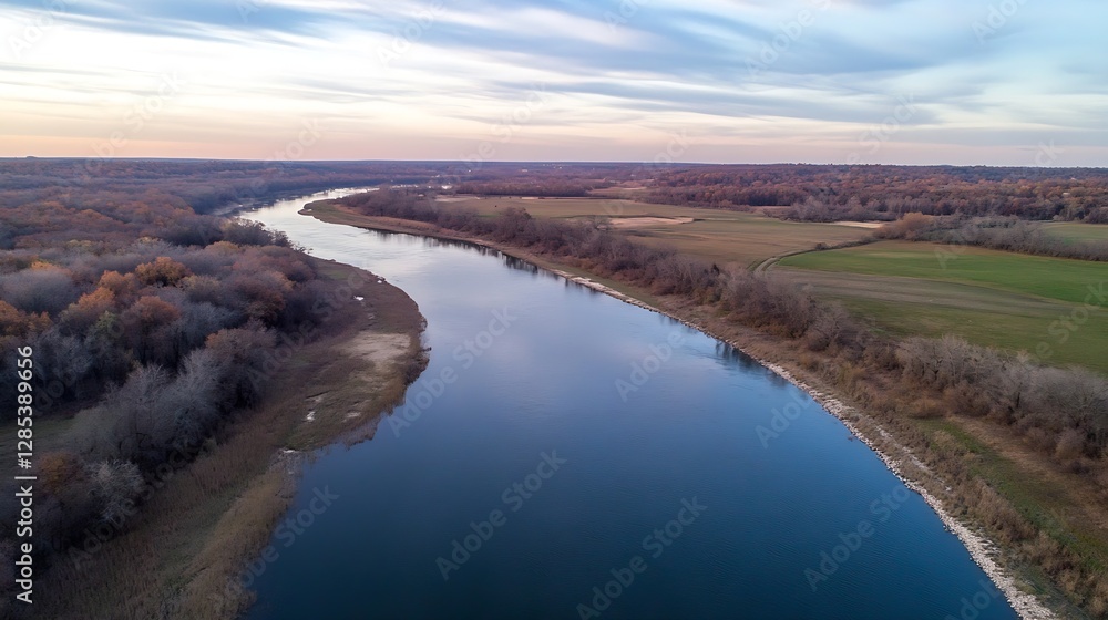 Aerial view of winding river surrounded by autumn foliage and vibrant landscape : Generative AI Aerial view of winding river surrounded by autumn foliage and vibrant landscape : Generative AI