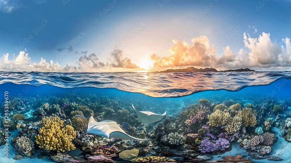 Stingrays swim coral reef sunset ocean panorama Stingrays swim coral reef sunset ocean panorama