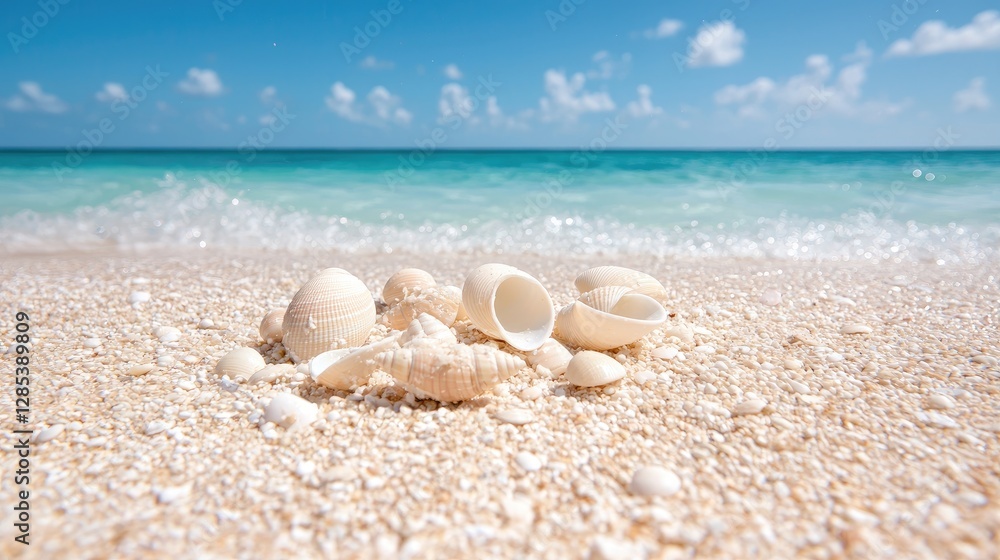 Seashells on pristine beach, tropical paradise, ocean waves. Possible use Beach vacation, travel brochure Seashells on pristine beach, tropical paradise, ocean waves. Possible use Beach vacation, travel brochure