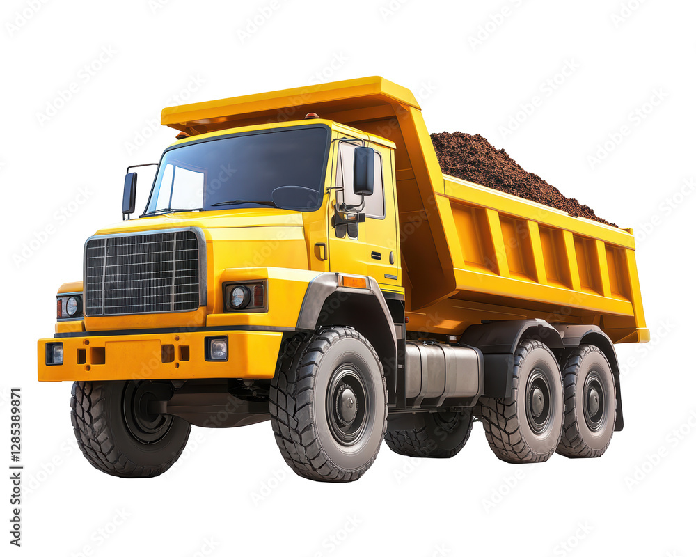Isolated Heavy Duty Yellow Dump Truck with Dark Soil Isolated Heavy Duty Yellow Dump Truck with Dark Soil
