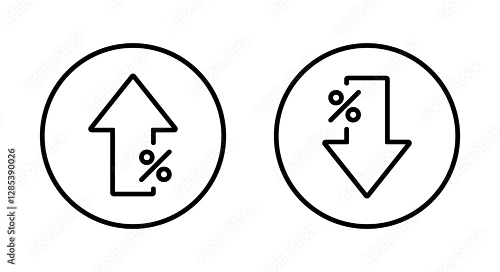 Up and down arrow percent outline icon on circle line. Lower and higher price sign symbol Up and down arrow percent outline icon on circle line. Lower and higher price sign symbol