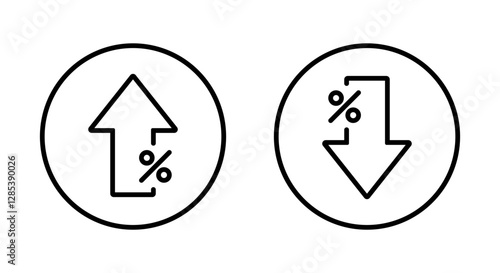 Up and down arrow percent outline icon on circle line. Lower and higher price sign symbol