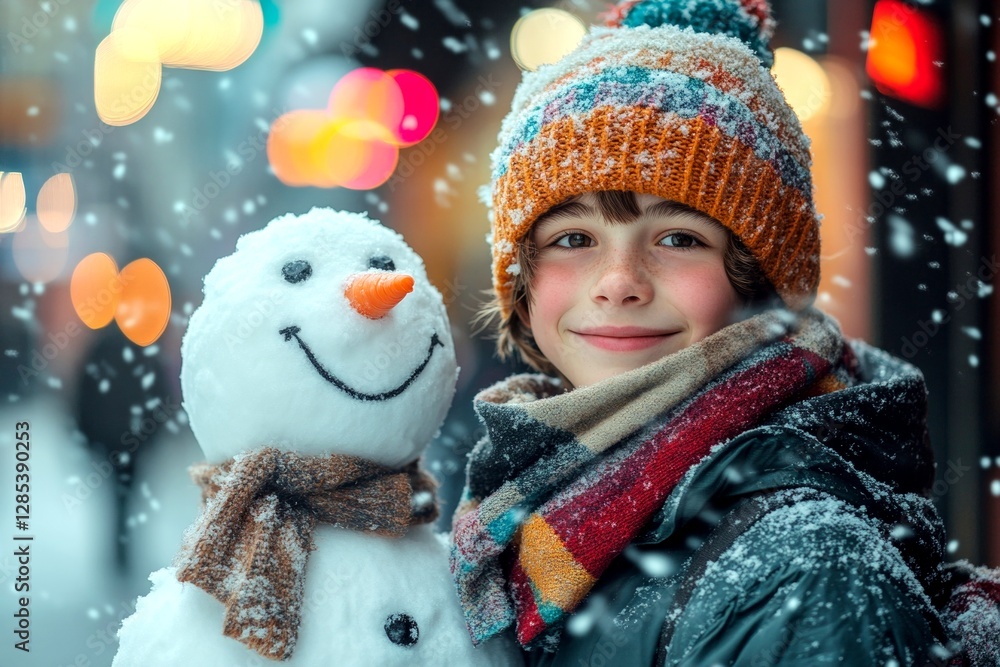 Winter delight with snowy weather: cute toddler girl makes a icy Winter delight with snowy weather: cute toddler girl makes a icy