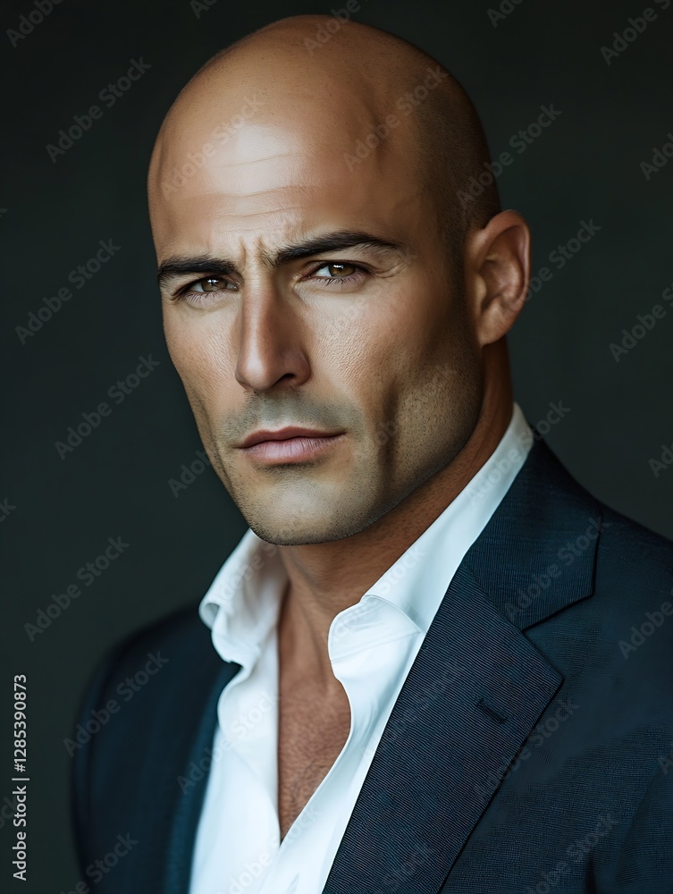 Striking portrait of a confident bald man in a tailored suit exuding charisma and power in fashion photography : Generative AI Striking portrait of a confident bald man in a tailored suit exuding charisma and power in fashion photography : Generative AI