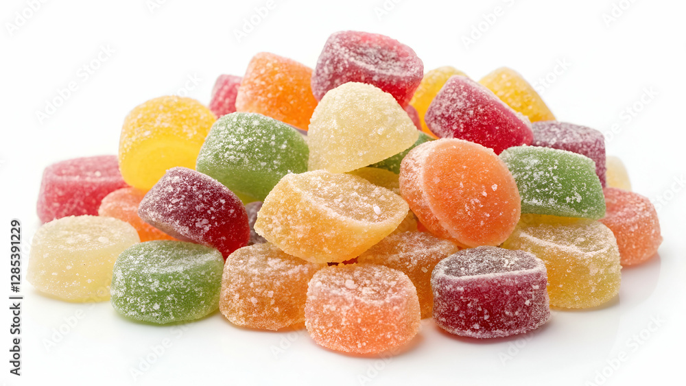 A vibrant assortment of jelly sweet sugar candies coated in crystal sugar, isolated on a clean white background A vibrant assortment of jelly sweet sugar candies coated in crystal sugar, isolated on a clean white background