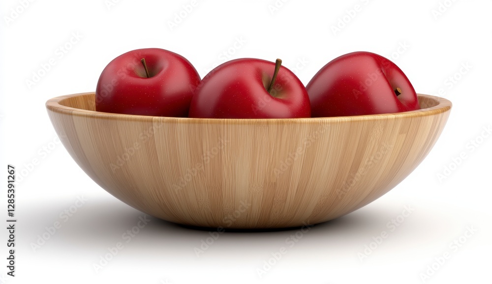 Three red apples sit in a light brown wooden bowl against a white background. The image is simple and clean Three red apples sit in a light brown wooden bowl against a white background. The image is simple and clean