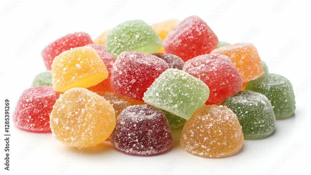 A vibrant assortment of jelly sweet sugar candies coated in crystal sugar, isolated on a clean white background A vibrant assortment of jelly sweet sugar candies coated in crystal sugar, isolated on a clean white background
