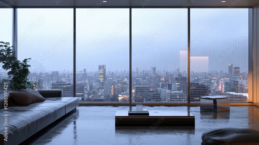 Obraz premium Cityscape from a Modern Apartment: A breathtaking panorama of a sprawling cityscape unfolds through the large windows of a contemporary apartment. The scene captures the essence of urban living.