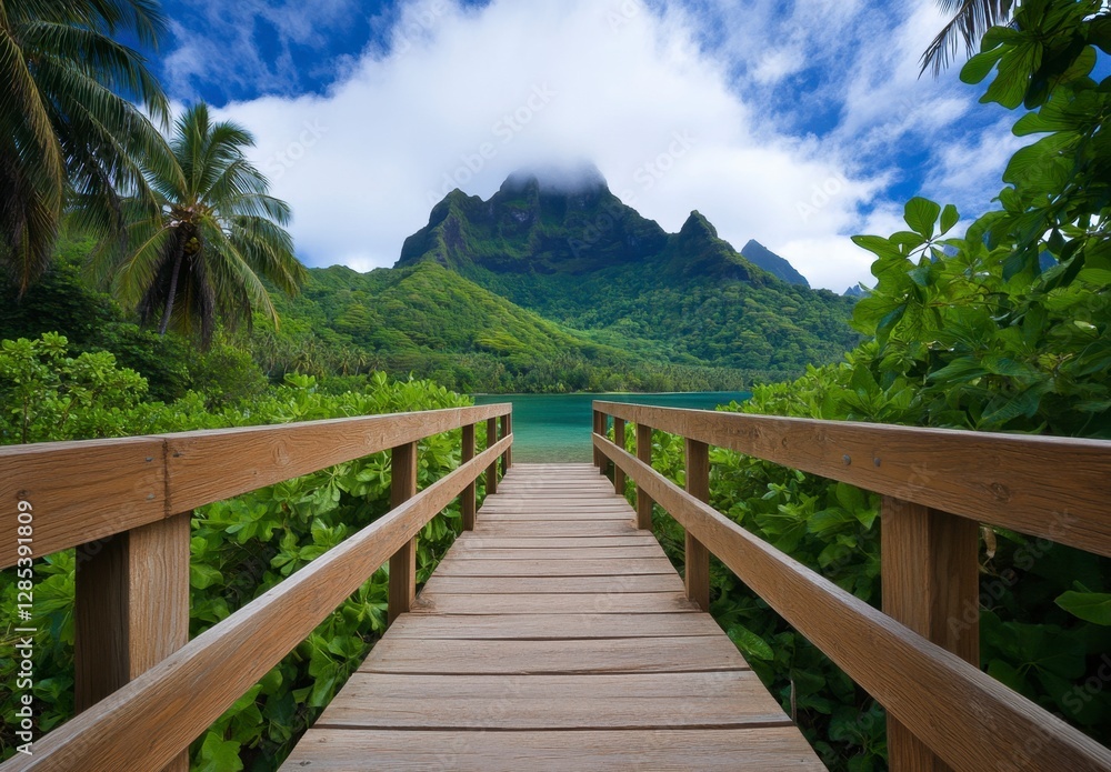 Fototapeta premium Wooden bridge leading to a tranquil lagoon nestled amongst lush tropical greenery and majestic mountains under a vibrant blue sky. A serene and