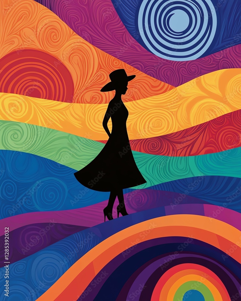 Colorful silhouette of a woman in vibrant landscape. Colorful silhouette of a woman in vibrant landscape.