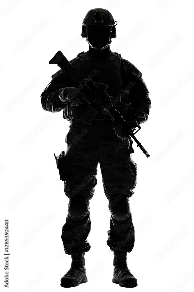 Isolated Silhouette of a Soldier in Full Gear: A Ready Military Figure Isolated Silhouette of a Soldier in Full Gear: A Ready Military Figure