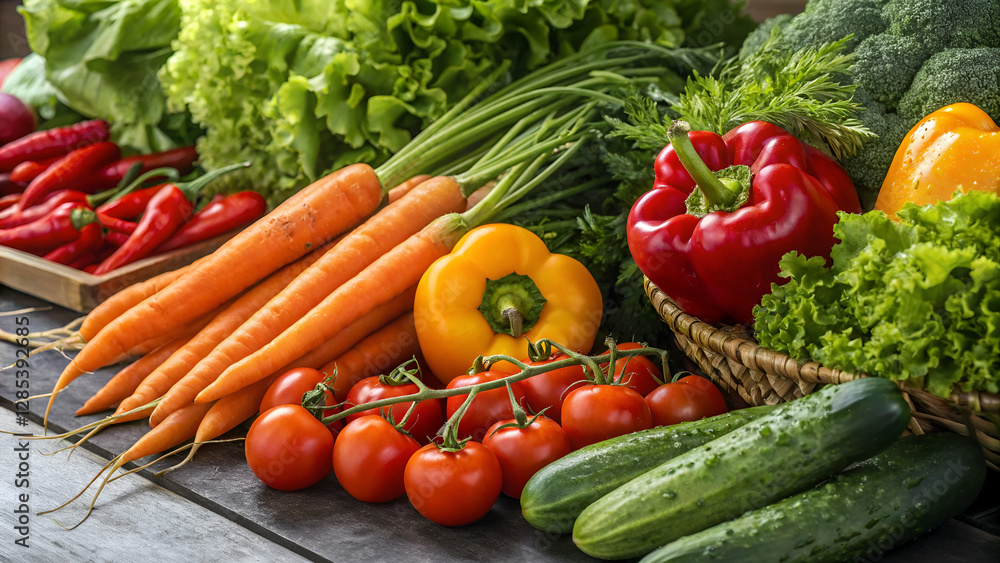 A vibrant assortment of fresh organic vegetables arranged as a food background. A vibrant assortment of fresh organic vegetables arranged as a food background.