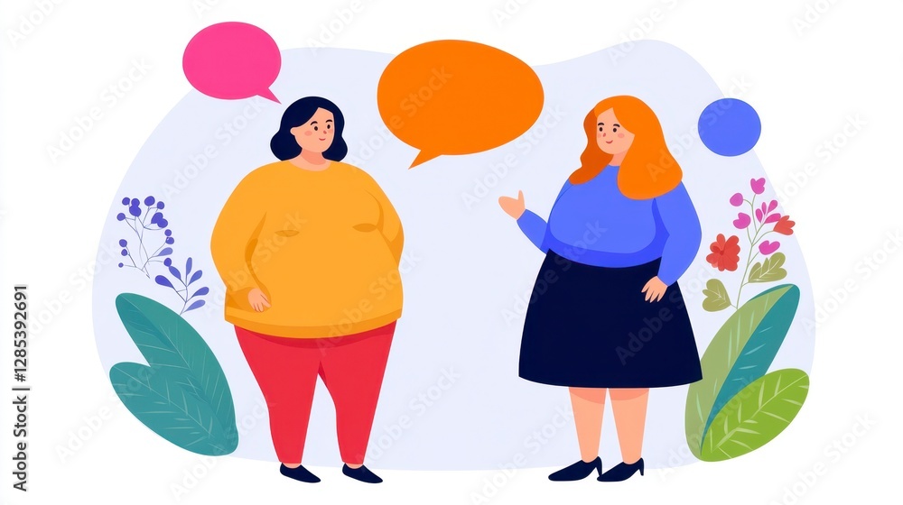 Two women with speech bubbles, engaging in conversation. One woman wears a yellow top and red pants, the other a blue top and black skirt. Soft color Two women with speech bubbles, engaging in conversation. One woman wears a yellow top and red pants, the other a blue top and black skirt. Soft color