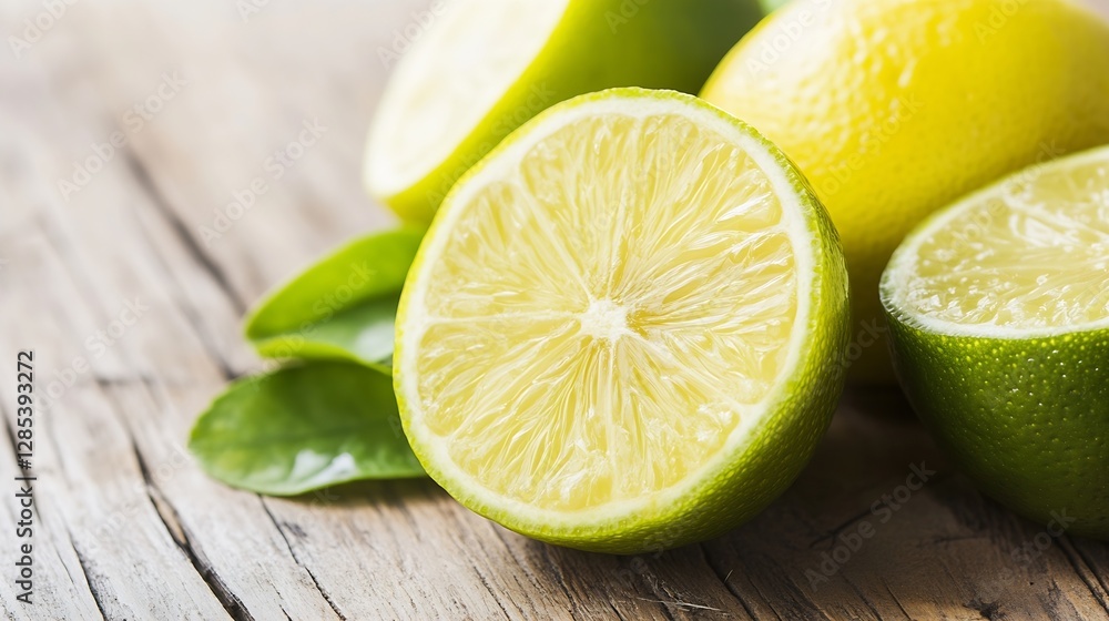 Freshly Cut Lemons and Limes on Rustic Wooden Surface Evoking Vibrant Citrus Aroma : Generative AI Freshly Cut Lemons and Limes on Rustic Wooden Surface Evoking Vibrant Citrus Aroma : Generative AI