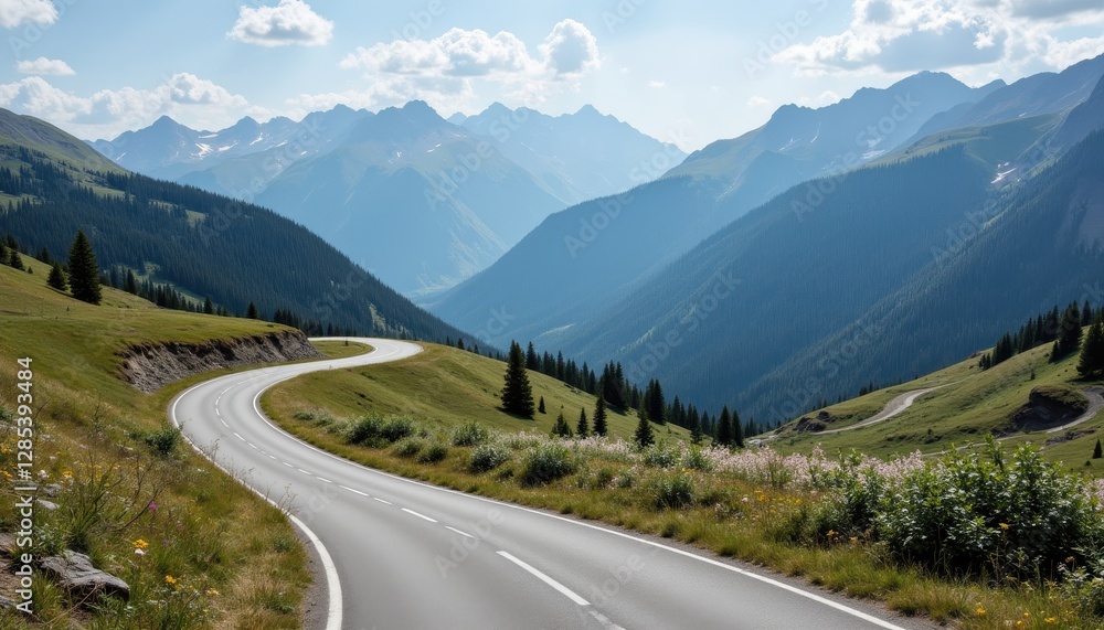 Fototapeta premium Serene Curved Road Through Lush Green Mountain Landscape