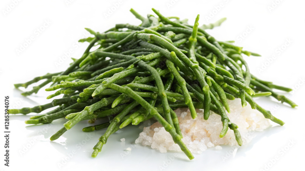 Salty samphire rests on a driftwood plank. Sunlit stems glisten with seawater. Coastal marsh blur. Salty samphire rests on a driftwood plank. Sunlit stems glisten with seawater. Coastal marsh blur.