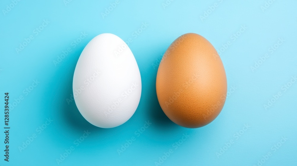 Two eggs, one white and one brown speckled, rest side by side against a light blue background. High angle, close up view Two eggs, one white and one brown speckled, rest side by side against a light blue background. High angle, close up view